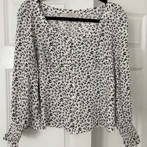 LOFT Black and White Ruffled Smocked Blouse